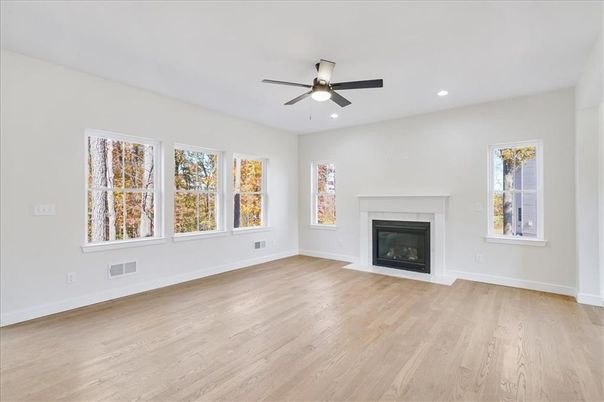Empty room, Fireplace, Interior, Recessed Lighting, Wood Texture Flooring