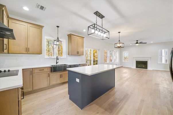 Fireplace, Interior, Kitchen, Pendant Lights, Recessed Lighting, Wood Texture Flooring