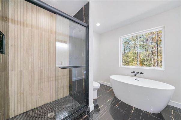 Bathroom, Free Standing Baths, Glass Shower, Interior, Marble, Recessed Lighting