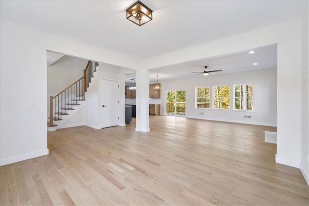 Empty room, Interior, Pendant Lights, Recessed Lighting, Wood Texture Flooring