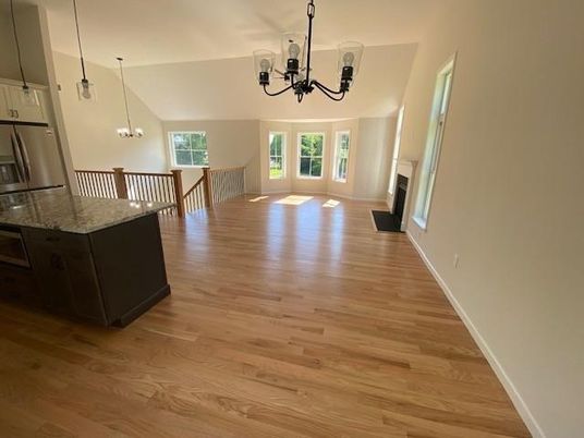 Chandelier, Fireplace, Interior, Kitchen, Wood Texture Flooring
