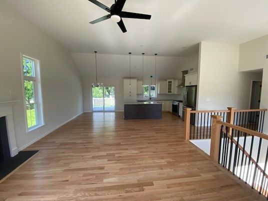Fireplace, Interior, Kitchen, Pendant Lights, Wood Texture Flooring