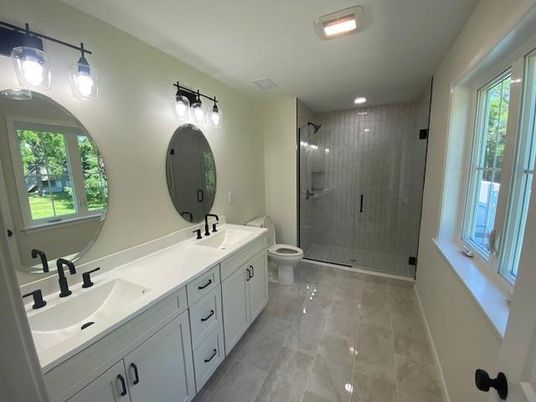 Bathroom, Dual Sink Vanities, Glass Shower, Interior, Recessed Lighting