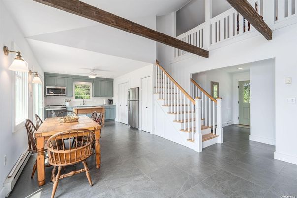 Dining room, Interior, Kitchen, Recessed Lighting, Stainless Steel Appliances, Wooden Beams