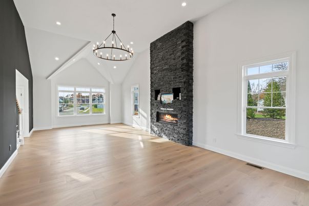Chandelier, Empty room, Fireplace, Interior, Pendant Lights, Recessed Lighting, Wood Texture Flooring