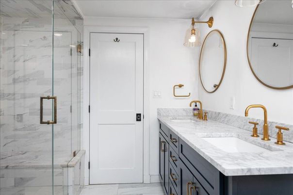 Bathroom, Dual Sink Vanities, Glass Shower, Interior, Marble, Marble Walls