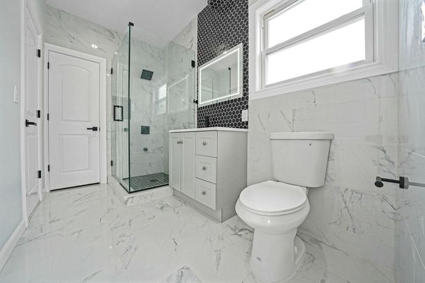 Bathroom, Glass Shower, Interior, Marble, Marble Walls, Recessed Lighting