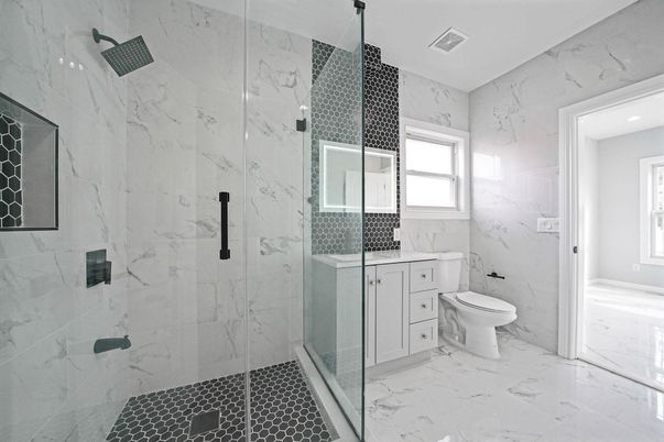 Bathroom, Glass Shower, Interior, Marble, Marble Walls, Recessed Lighting