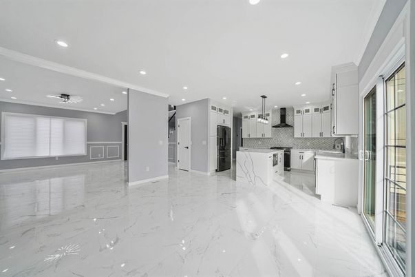 Interior, Kitchen, Marble, Pendant Lights, Recessed Lighting, Stainless Steel Appliances