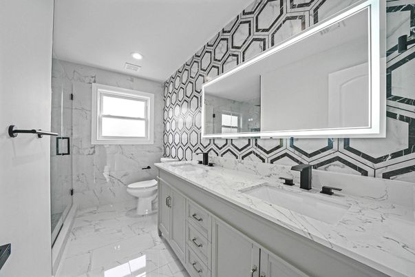 Bathroom, Dual Sink Vanities, Glass Shower, Interior, Marble, Marble Walls, Recessed Lighting