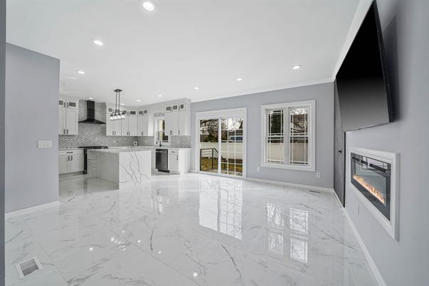Fireplace, Interior, Kitchen, Marble, Pendant Lights, Recessed Lighting, Stainless Steel Appliances