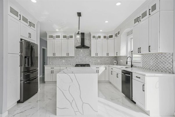 Interior, Kitchen, Marble, Pendant Lights, Recessed Lighting, Stainless Steel Appliances