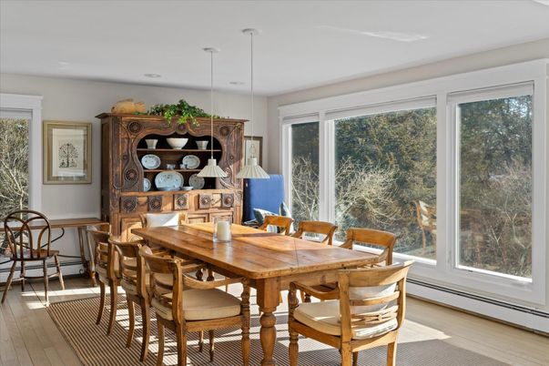 Dining room, Interior, Pendant Lights, Recessed Lighting, Wood Texture Flooring