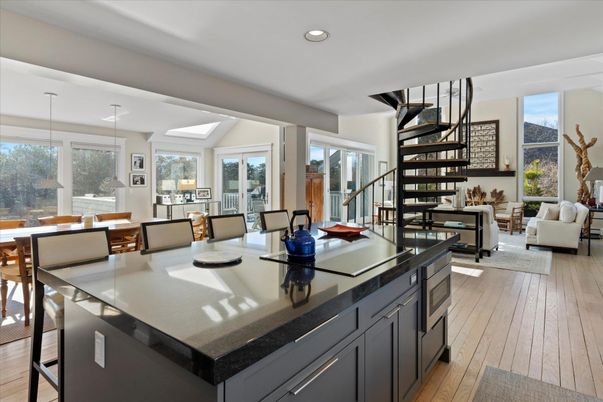 Dining room, Interior, Living room, Pendant Lights, Recessed Lighting, Wood Texture Flooring