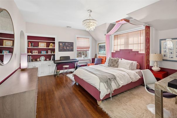 Bedroom, Chandelier, Interior, Wood Texture Flooring