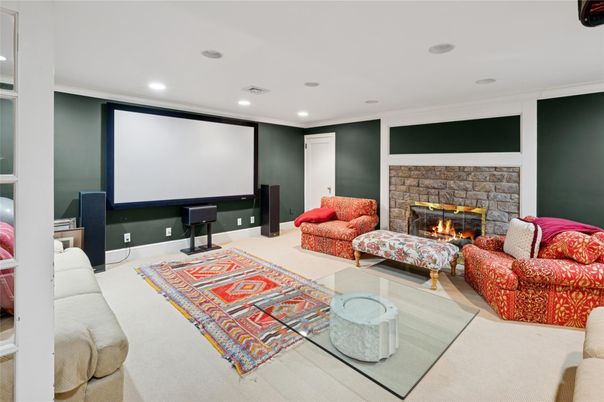 Fireplace, Interior, Living room, Projection Screen, Recessed Lighting, Theatre Room
