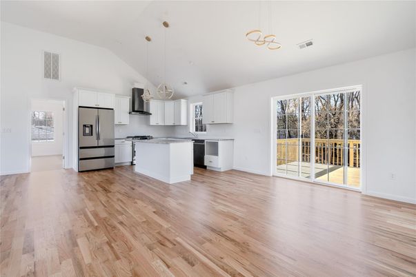 Empty room, Interior, Kitchen, Pendant Lights, Stainless Steel Appliances, Wood Texture Flooring