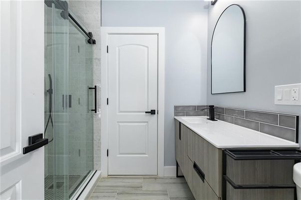 Bathroom, Glass Shower, Interior, Wood Texture Flooring