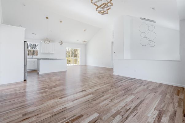 Empty room, Interior, Kitchen, Pendant Lights, Recessed Lighting, Wood Texture Flooring