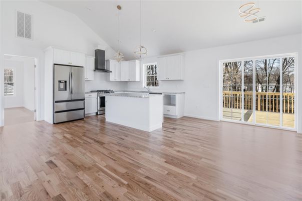 Interior, Kitchen, Pendant Lights, Stainless Steel Appliances, Wood Texture Flooring