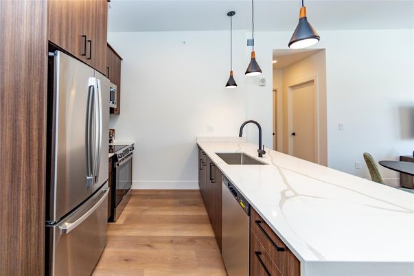 Interior, Kitchen, Pendant Lights, Stainless Steel Appliances, Wood Texture Flooring