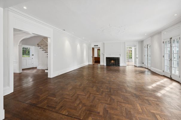 Empty room, Fireplace, Interior, Recessed Lighting, Wood Texture Flooring