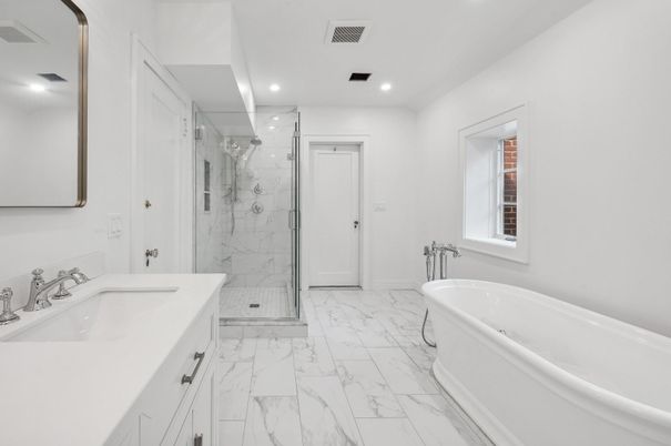 Bathroom, Dual Sink Vanities, Free Standing Baths, Glass Shower, Interior, Marble, Marble Walls, Recessed Lighting