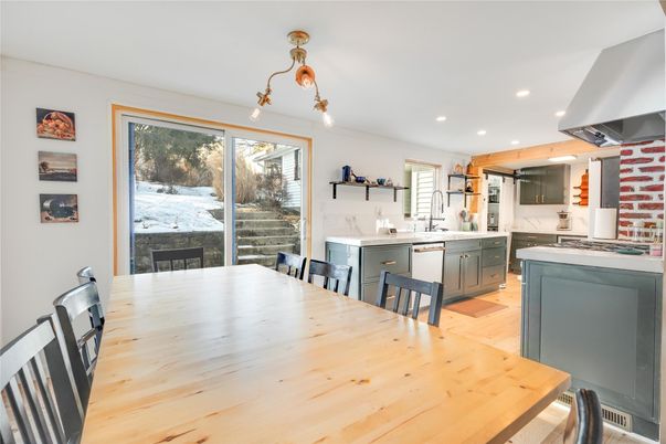 Dining room, Interior, Kitchen, Recessed Lighting, Wood Texture Flooring