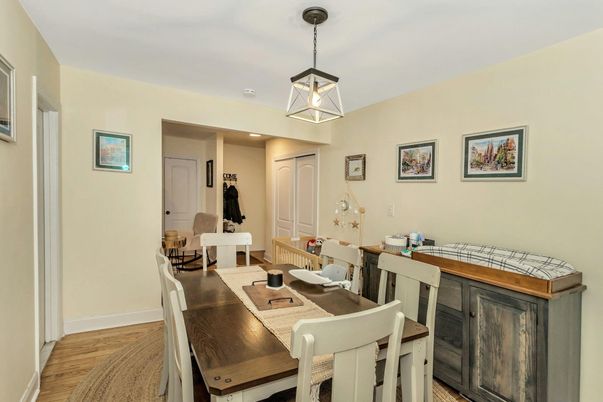 Dining room, Interior, Pendant Lights, Recessed Lighting, Wood Texture Flooring