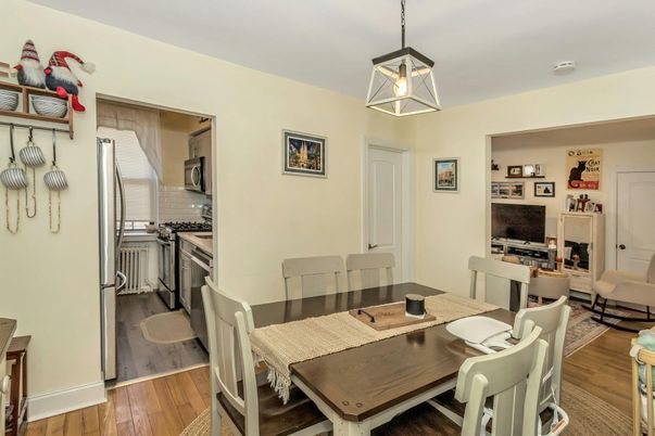 Dining room, Fireplace, Interior, Kitchen, Living room, Pendant Lights, Wood Texture Flooring