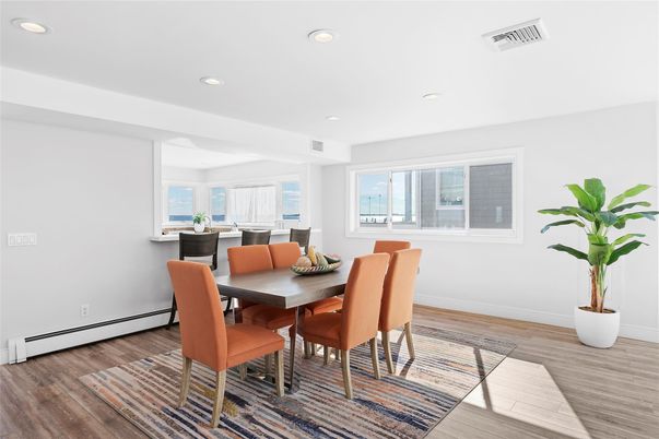Dining room, Interior, Recessed Lighting, Wood Texture Flooring