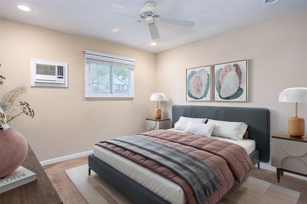 Bedroom, Interior, Recessed Lighting, Wood Texture Flooring