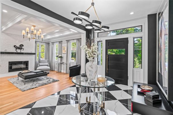 Chandelier, Fireplace, Interior, Living room, Marble, Pendant Lights, Recessed Lighting, Wood Texture Flooring