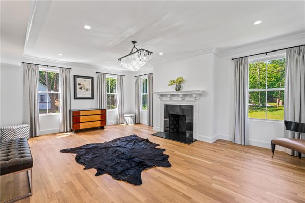 Fireplace, Interior, Pendant Lights, Recessed Lighting, Wood Texture Flooring