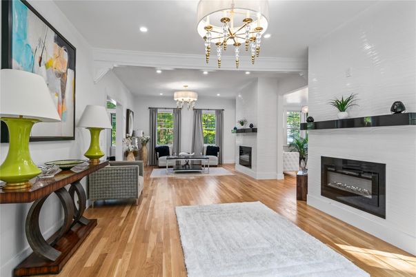 Chandelier, Fireplace, Interior, Living room, Recessed Lighting, Wood Texture Flooring