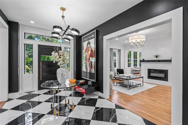 Fireplace, Interior, Living room, Marble, Pendant Lights, Recessed Lighting