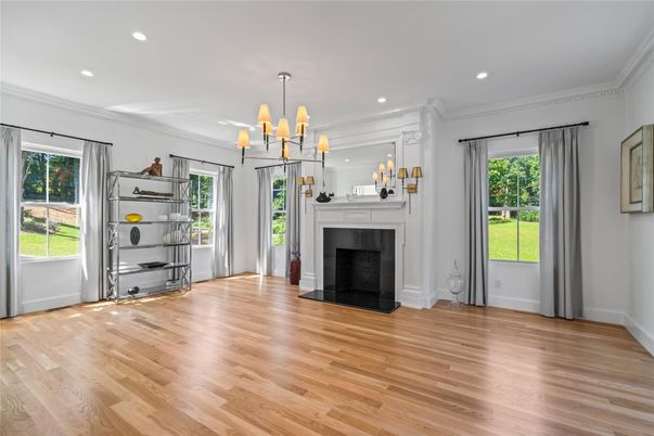 Empty room, Fireplace, Interior, Pendant Lights, Recessed Lighting, Wood Texture Flooring
