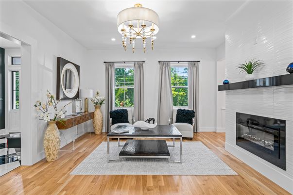 Chandelier, Fireplace, Home Office, Interior, Recessed Lighting, Wood Texture Flooring