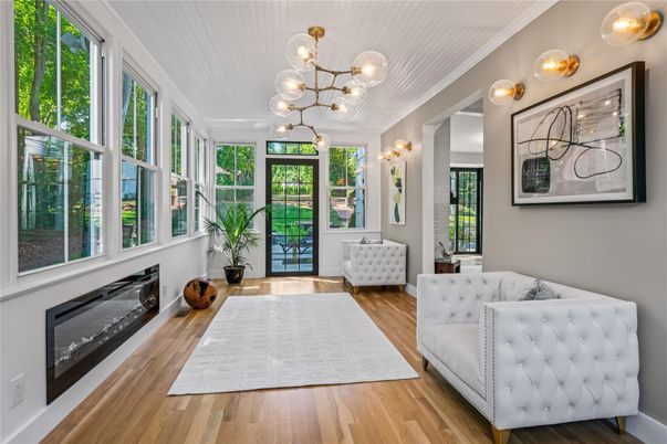 Fireplace, Interior, Pendant Lights, Wood Texture Flooring
