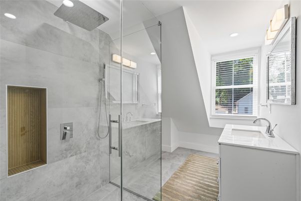 Bathroom, Glass Shower, Interior, Marble Walls, Recessed Lighting