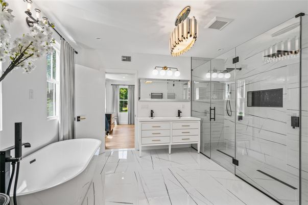 Bathroom, Dual Sink Vanities, Free Standing Baths, Glass Shower, Interior, Marble, Recessed Lighting
