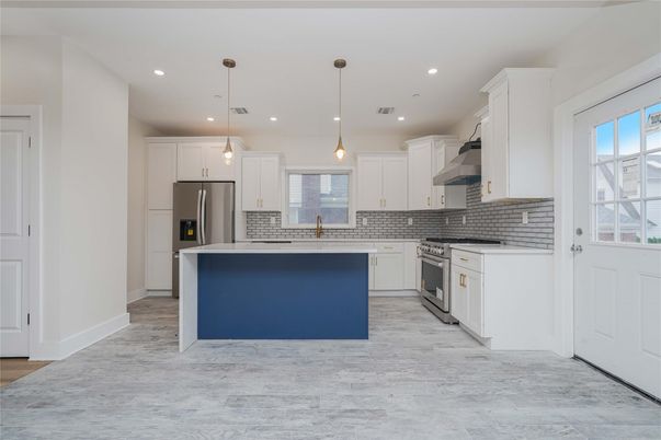 Interior, Kitchen, Pendant Lights, Recessed Lighting, Stainless Steel Appliances, Wood Texture Flooring
