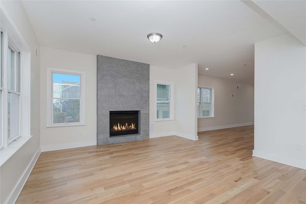Empty room, Fireplace, Interior, Recessed Lighting, Wood Texture Flooring