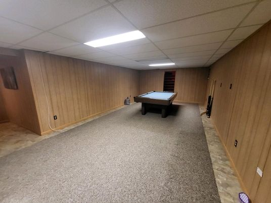 Billiard Table, Game Room, Interior, Recessed Lighting, Wooden Walls
