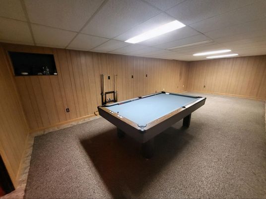 Billiard Table, Game Room, Interior, Recessed Lighting, Wooden Walls