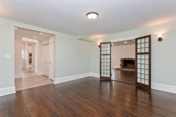 Empty room, Interior, Kitchen, Recessed Lighting, Wood Texture Flooring