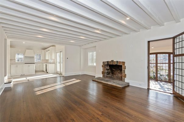 Empty room, Fireplace, Interior, Recessed Lighting, Wood Texture Flooring