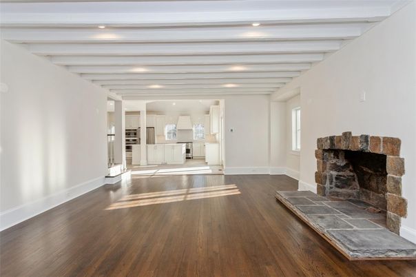 Fireplace, Interior, Kitchen, Recessed Lighting, Wood Texture Flooring