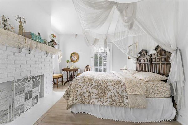 Bedroom, Fireplace, Interior, Stone Walls, Wood Texture Flooring