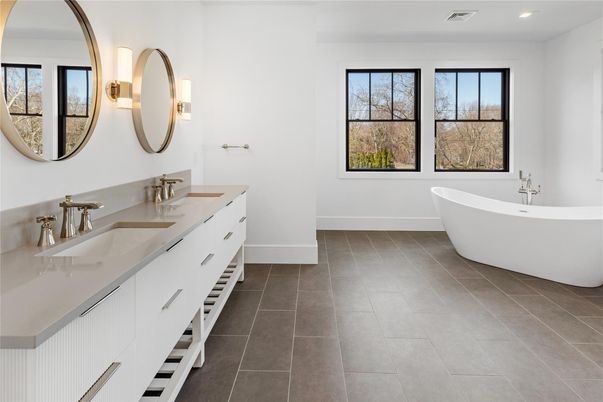 Bathroom, Dual Sink Vanities, Free Standing Baths, Interior, Recessed Lighting